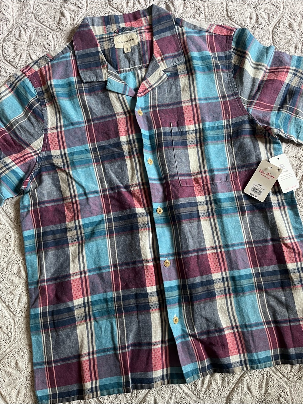 NWT Lucky Brand men’s plaid linen blend short sleeve button shirt blue pink